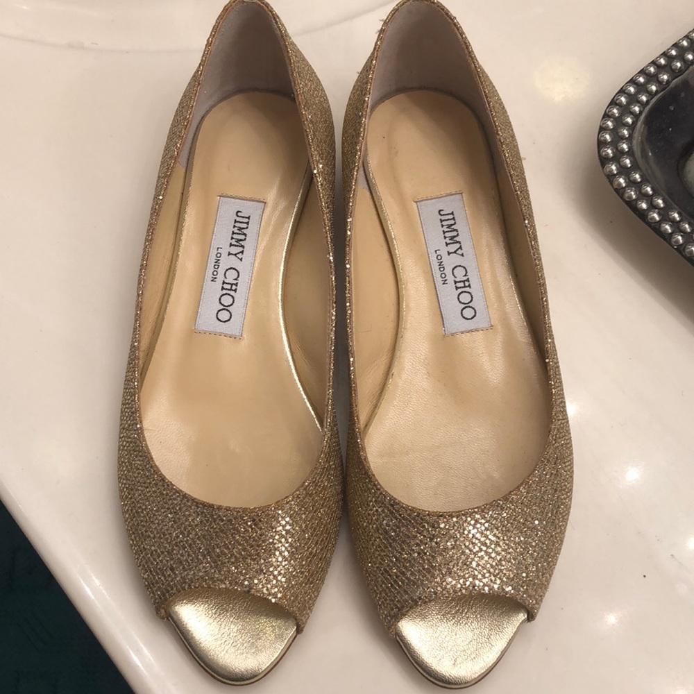 Sparkly Gold Jimmy Choo Peep Toe Flats Size 35 - Picture 7 of 7